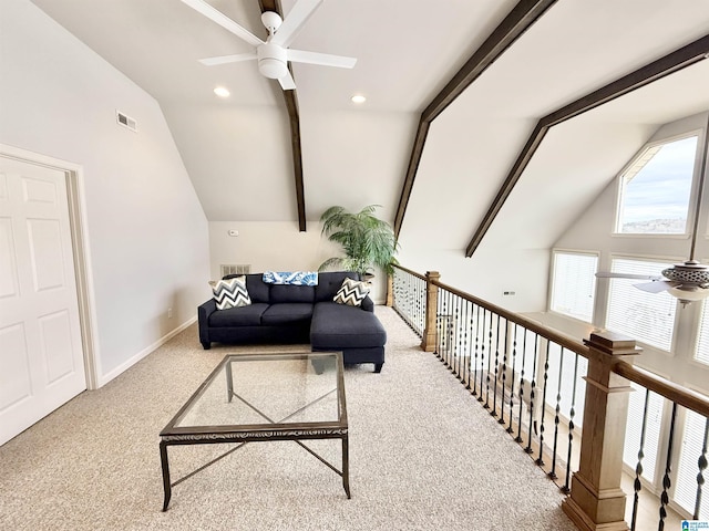 360 Frankies Rd, Vincent, AL 35178 - sitting room featuring vaulted ceiling with beams, visible vents, carpet floors, and a ceiling fan