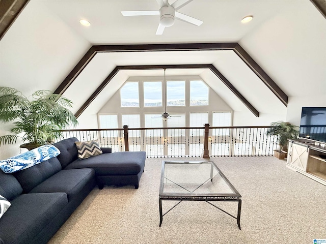 360 Frankies Rd, Vincent, AL 35178 - living room featuring a ceiling fan, carpet floors, and vaulted ceiling