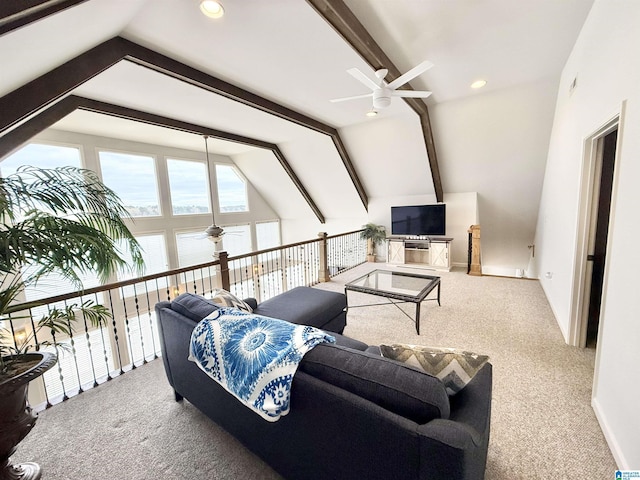 360 Frankies Rd, Vincent, AL 35178 - living room featuring lofted ceiling with beams, carpet floors, recessed lighting, and a ceiling fan