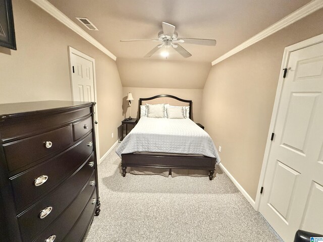 360 Frankies Rd, Vincent, AL 35178 - carpeted bedroom featuring baseboards, ornamental molding, visible vents, and vaulted ceiling