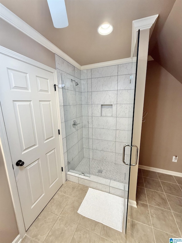 360 Frankies Rd, Vincent, AL 35178 - bathroom with a shower stall, baseboards, tile patterned flooring, and ornamental molding