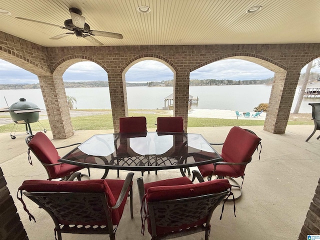 360 Frankies Rd, Vincent, AL 35178 - view of patio / terrace with a ceiling fan, grilling area, outdoor dining area, and a water view