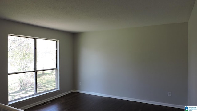 empty room featuring baseboards, dark wood-style flooring, a wealth of natural light, and a textured ceiling