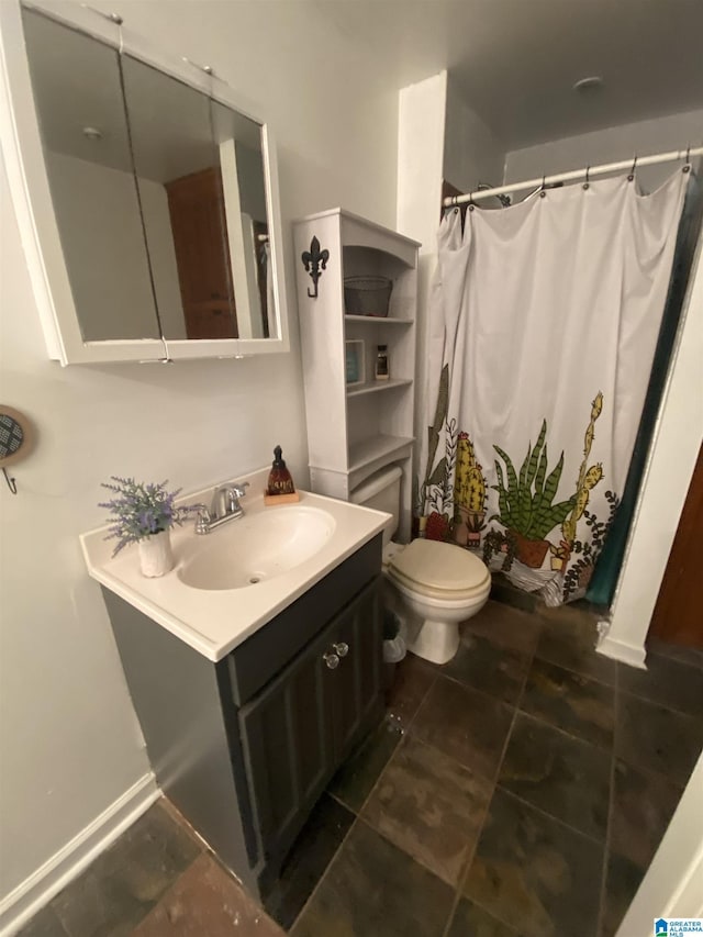 full bath featuring toilet, vanity, and curtained shower