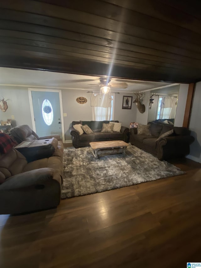 living area featuring wood finished floors and wood ceiling