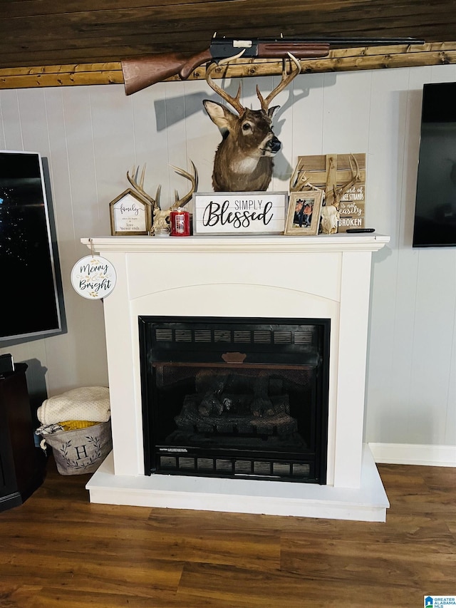 interior details featuring wood finished floors and a fireplace with raised hearth