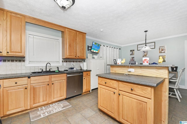 kitchen with a sink, dark countertops, backsplash, and dishwasher