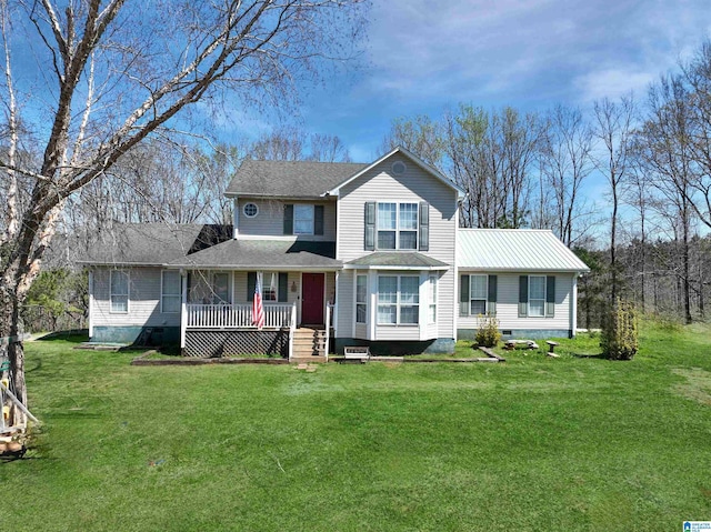 view of front of property featuring covered porch, crawl space, and a front yard