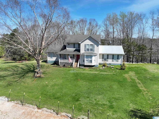 view of front facade featuring a front lawn, crawl space, and a porch