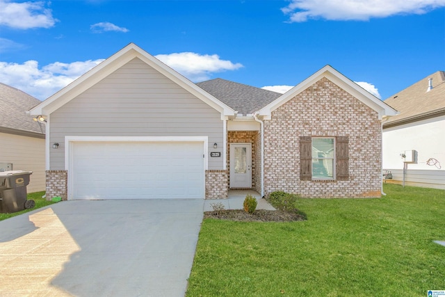 ranch-style home featuring brick siding, concrete driveway, a front lawn, and an attached garage