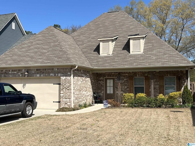 view of front of home with brick siding, an attached garage, driveway, and roof with shingles