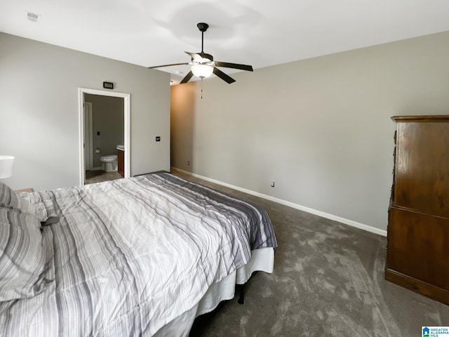 bedroom with connected bathroom, a ceiling fan, visible vents, carpet floors, and baseboards