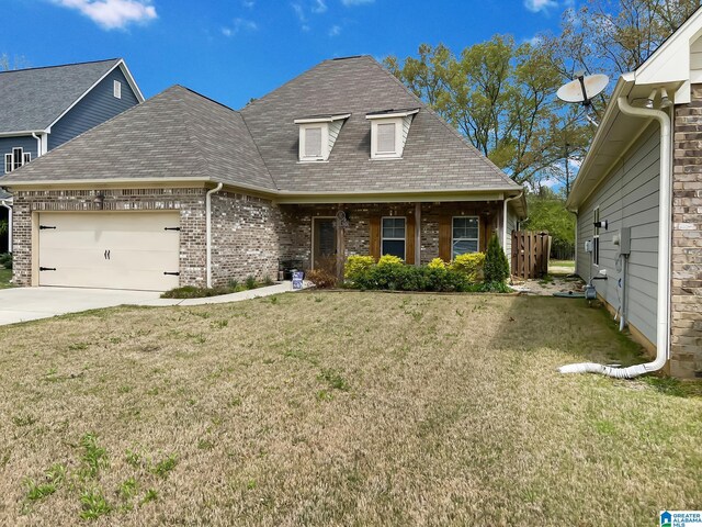 view of front of property featuring roof with shingles, a front lawn, brick siding, a garage, and driveway