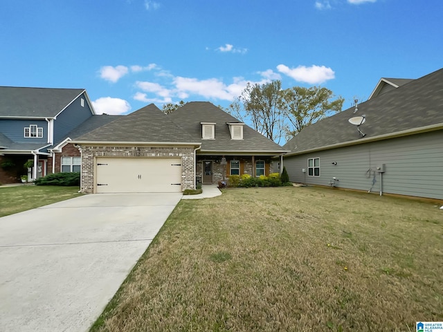 view of front of house with brick siding, a front yard, an attached garage, and driveway