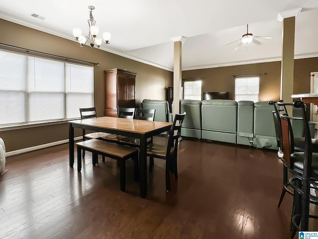 dining area with baseboards, ornamental molding, visible vents, ceiling fan with notable chandelier, and wood finished floors
