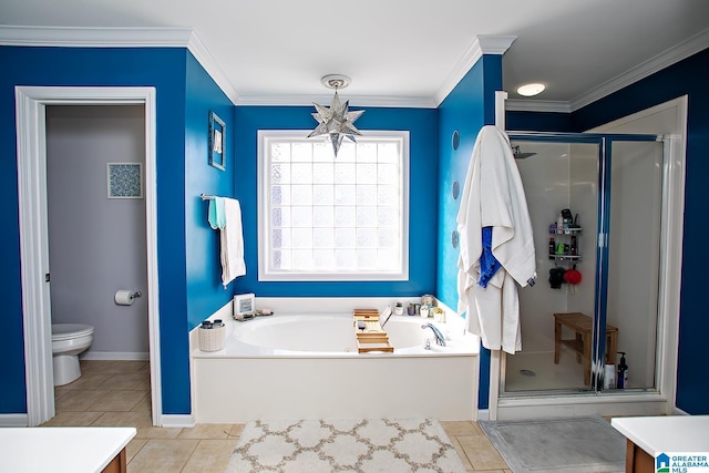 8014 Waterford Dr, Pinson, AL 35126 - bathroom with tile patterned flooring, toilet, a shower stall, ornamental molding, and a bath