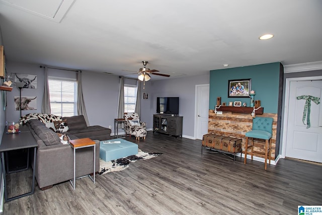 8014 Waterford Dr, Pinson, AL 35126 - living room featuring a ceiling fan, baseboards, recessed lighting, and wood finished floors