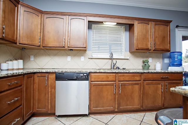 8014 Waterford Dr, Pinson, AL 35126 - kitchen with a sink, light stone counters, crown molding, and dishwasher