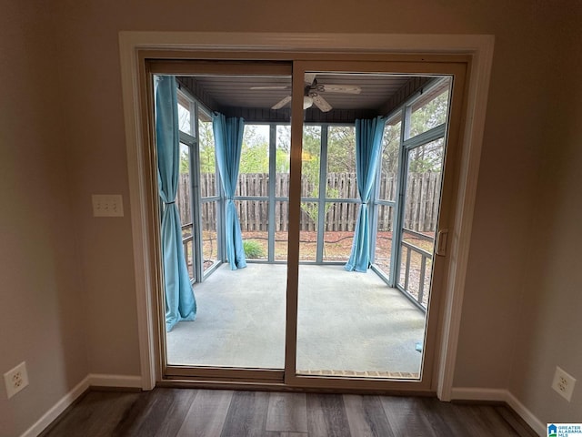 6777 Southern Trace Cir, Leeds, AL 35094 - entryway featuring wood finished floors, baseboards, and ceiling fan