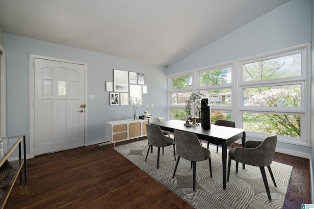 dining room with dark wood-type flooring, baseboards, and lofted ceiling