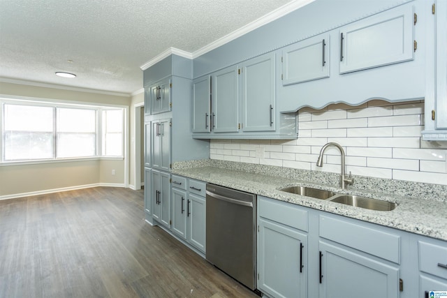 5400 Etta Dr, Mount Olive, AL 35117 - kitchen featuring crown molding, backsplash, a sink, stainless steel dishwasher, and dark wood-style floors