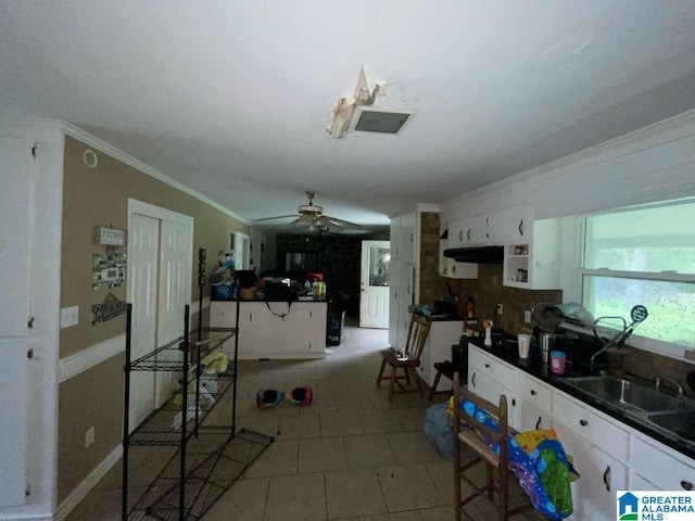 11 Coosa St, Childersburg, AL 35044 - kitchen featuring white cabinets, dark countertops, a ceiling fan, and ornamental molding