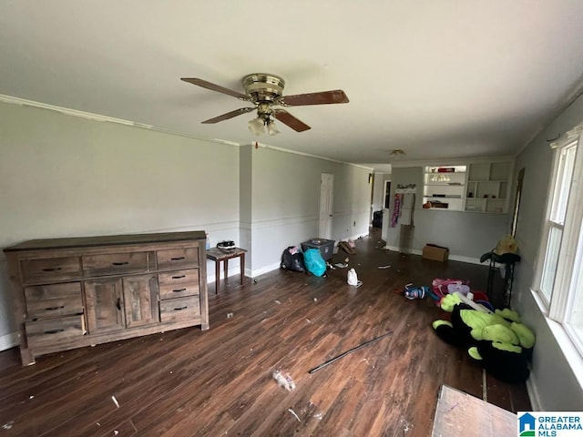 11 Coosa St, Childersburg, AL 35044 - interior space featuring baseboards, ornamental molding, wood finished floors, and a ceiling fan
