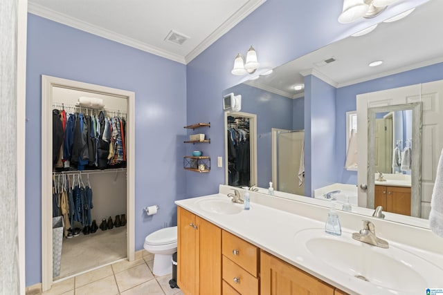 bathroom featuring tile patterned flooring, visible vents, a sink, and ornamental molding