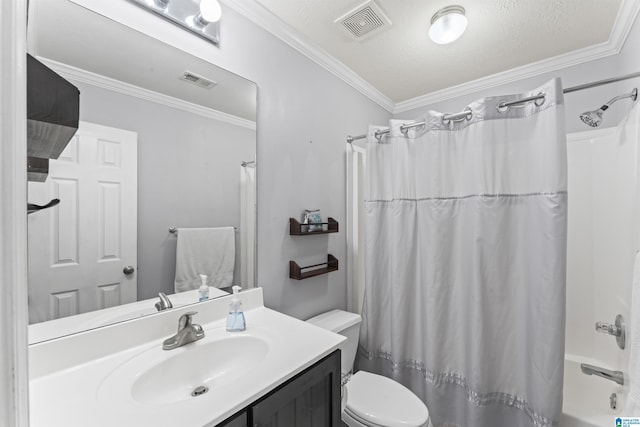 bathroom featuring toilet, shower / tub combo, ornamental molding, and visible vents
