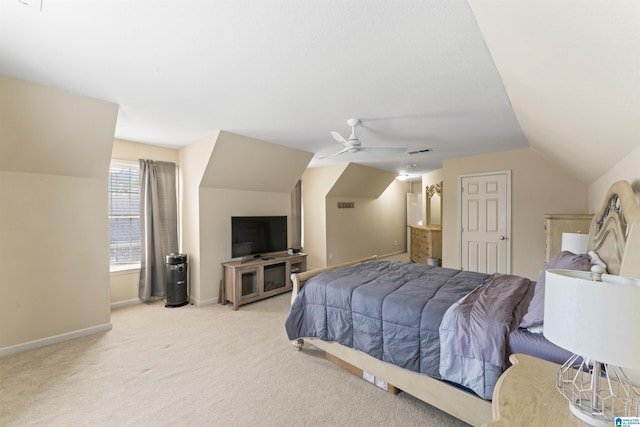 bedroom with visible vents, baseboards, a ceiling fan, light carpet, and lofted ceiling