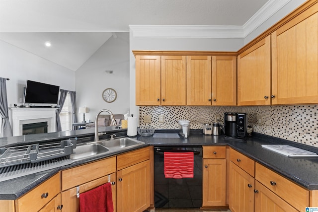 kitchen featuring dishwasher, a sink, open floor plan, backsplash, and lofted ceiling