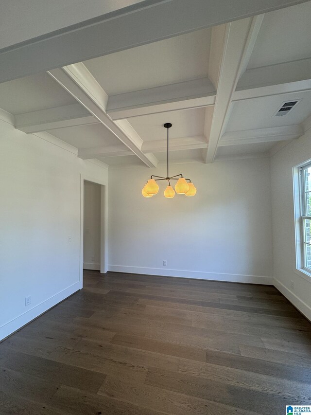 104 Linden Ln, Birmingham, AL 35242 - unfurnished dining area with coffered ceiling, a chandelier, dark wood-style floors, and beam ceiling