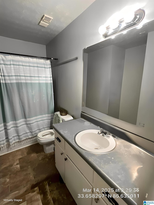 2610 Gaylon St, Birmingham, AL 35235 - bathroom featuring vanity, toilet, stone finish flooring, and curtained shower