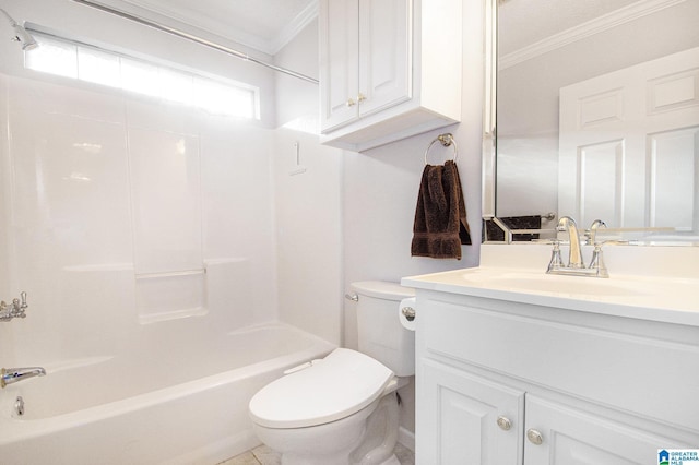 full bathroom featuring toilet, vanity, crown molding, and bathtub / shower combination
