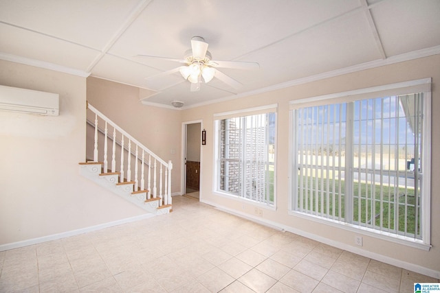 unfurnished room with baseboards, stairs, ceiling fan, and an AC wall unit