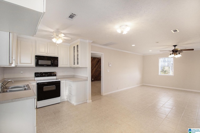 kitchen with electric range, a ceiling fan, a sink, and black microwave