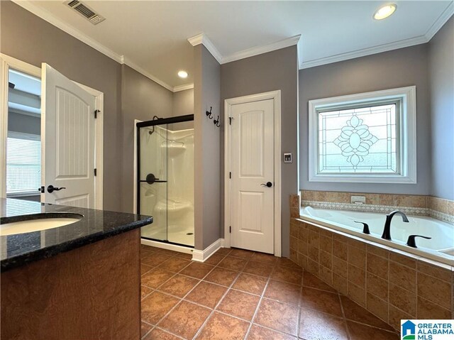 11433 Belle Meade Way, Northport, AL 35475 - full bathroom with a garden tub, ornamental molding, visible vents, and a stall shower