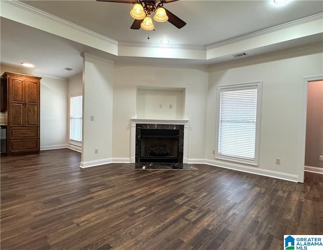 11433 Belle Meade Way, Northport, AL 35475 - unfurnished living room featuring a ceiling fan, ornamental molding, dark wood-type flooring, and visible vents