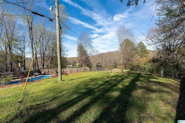 view of yard with a fenced in pool and a fenced backyard
