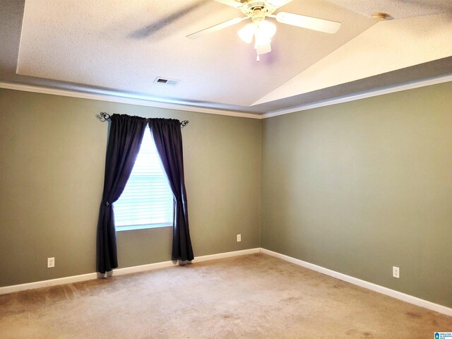600 Mayfair Ln, Cullman, AL 35057 - unfurnished room featuring light colored carpet, vaulted ceiling, ornamental molding, and a ceiling fan