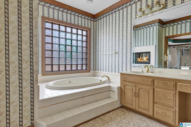 full bath featuring wallpapered walls, vanity, and a bath