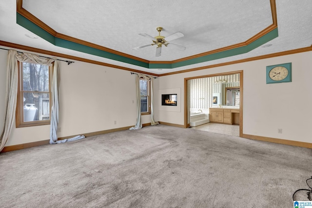 unfurnished living room featuring a textured ceiling, plenty of natural light, and a raised ceiling