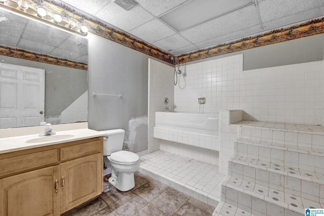 full bath featuring toilet, a shower, vanity, a bathtub, and visible vents