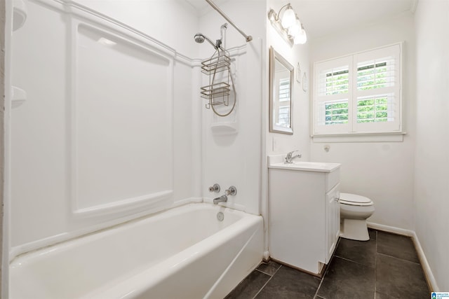 full bath with vanity, toilet, baseboards, tile patterned floors, and shower / bathtub combination