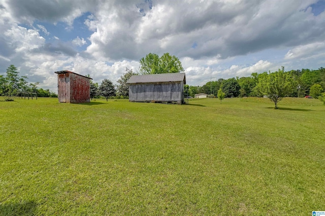 view of yard featuring an outdoor structure and a storage shed