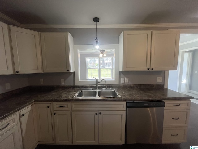 kitchen with stainless steel dishwasher, dark countertops, ornamental molding, and a sink