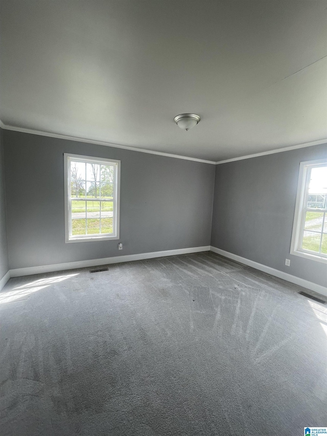 empty room featuring baseboards, a wealth of natural light, visible vents, and crown molding
