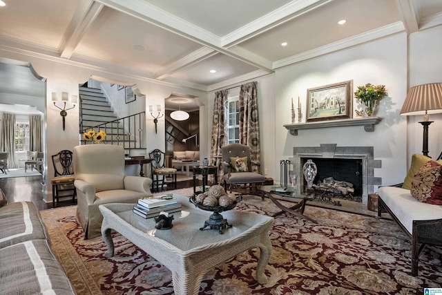 4603 Clairmont Ave, Birmingham, AL 35222 - living area featuring crown molding, beamed ceiling, stairs, wood finished floors, and coffered ceiling