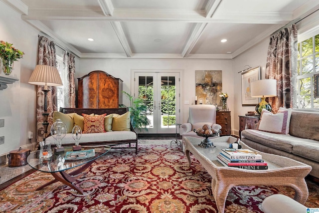 4603 Clairmont Ave, Birmingham, AL 35222 - living room featuring plenty of natural light, beamed ceiling, and french doors