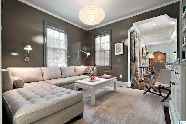 4603 Clairmont Ave, Birmingham, AL 35222 - living area with ornamental molding, baseboards, and beamed ceiling